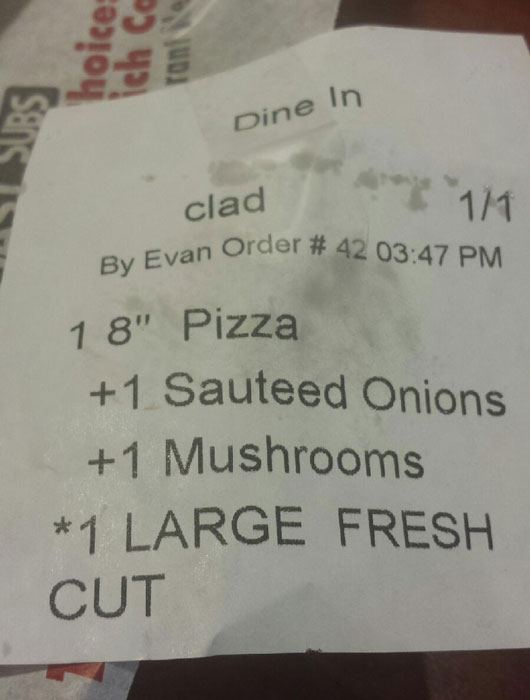 Restaraunt receipt for the name Clad.