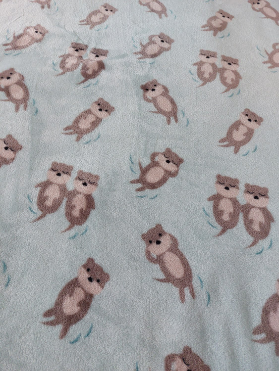 Blue blanket with beavers on it.