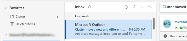 Microsoft Outlook showing that messages were moved to the Clutter folder.