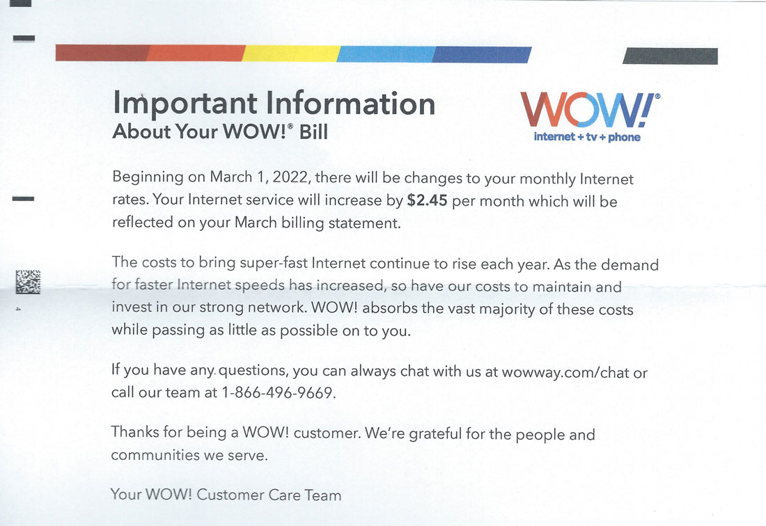 Notice that came with my bill informing me of my increased prices.