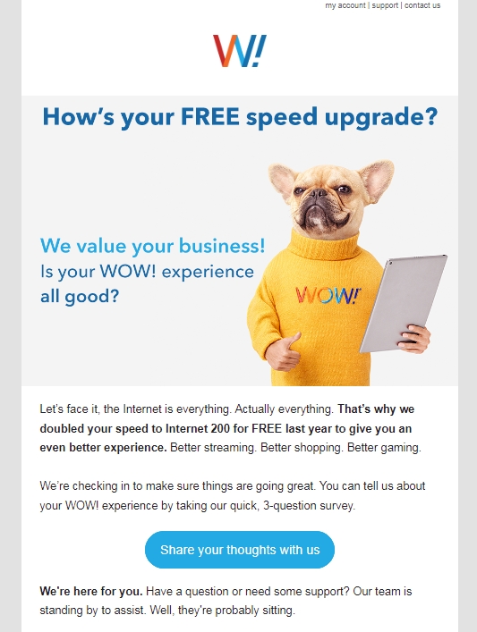 Screenshot of WOW email asking how I like my free upgrade.
